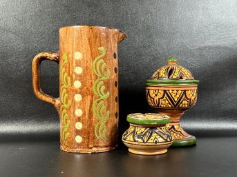 A Selection Of Compatible Vintage Moroccan Pottery: Cylindrical Pitcher, Footed Candy Dish & More