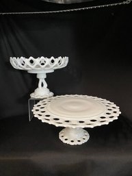 Pairing Of Westmoreland Doric Lace Milk Glass Serving Pieces