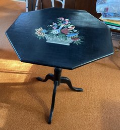 Folding Wood Hexagonal Wooden Table With Beautiful Flower Vase On The Top Signed By The Artist Tripod Legs.