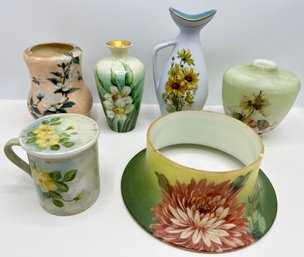 Vintage Hand Painted Glass Vases, Covered Mug & More (6 Pieces)