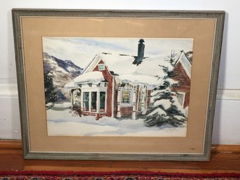 Very Nice Vintage Watercolor Painting - Pencil Signed ASPEN CHRISTMAS 78' LTB - Very Charming Vintage Piece