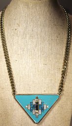 Contemporary Costume Enamel Rhinestone Necklace W Triangular Pendant