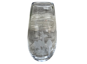 Gorgeous ! Large Mid Century Vicke Lindstramd For Kosta Boda Heavy Etched Crystal Vase -The Deer Scene