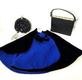 Three Lovely Dress Accessories- Two Vintage Purses And Wool & Velvet Shawl/ Capelet