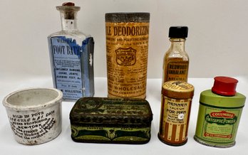 7 Antique Apothecary Canisters & Bottles: Mennen Talcum, Tablet Box, Deodorizing Powder & More