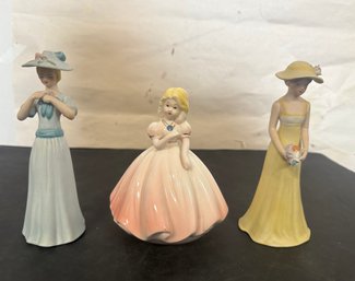 3 Figurines - Woman Yellow Dress Yellow Hat Flowers, Victorian Lady Blue Dress & Birthday Girl. LP/C4