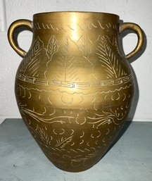 Vintage Tall Handled Brass Vase With Engravings