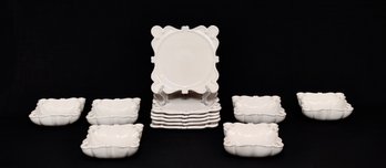 Set Of Antheor  Scalloped Square White French Ceramic Plates And Bowls
