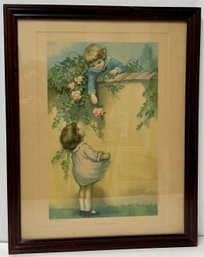 Vintage Antique Framed Lithograph Print - His First Love - Henry F Wireman - Morris & Bendien NY - 15.5 X 19.5