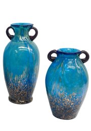 Two Beautiful Blue Art Glass Vases With Copper Accents-Lot 1