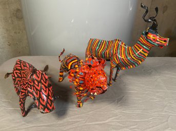 3 Metal Folk Art African Animals: Kudu, Lion, And Warthog Hand Painted Sculptures Zimbabwe 10'