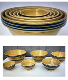 19th Cent 6-Band Nesting Bowls 6pc Primitive Yellow Ware Pottery Stoneware Mixing Bowl Set