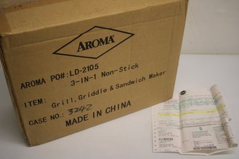 New In Sealed Box 3 In 1 Non-Stick Grill, Griddle & Sandwich Maker By Aroma