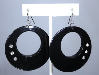 1980s Large Black Plastic Hoop Pierced Earrings White Rhinestones