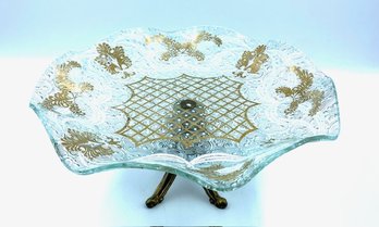 Incredible Vintage Heavily Embossed Footed Glass Serving Dish W/ Gold Trim Design
