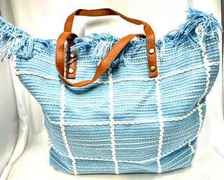 Blue And White Plaid Woven Tote Bag W/fringe Top And Brown Leather Handles
