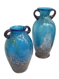 Two Beautiful Blue Art Glass Vases With Copper Accents-Lot 2