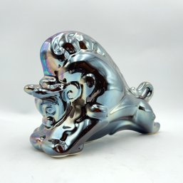 Vintage Iridescent Ceramic Bull Sculpture By Minsk Pottery