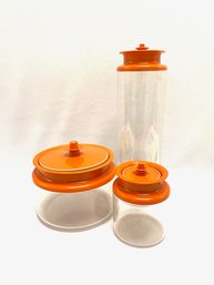 Trio Of Vintage Tupperware Cylinder Containers W/ Orange Push Top Lids
