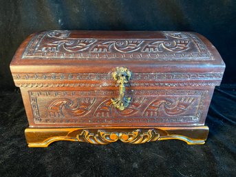 Carved Dark Wooden Box With Brass Accents