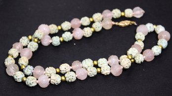 Antique 14K Gold Beaded Necklace Chinese Carved Turquoise & Rose Quartz Beads 24'