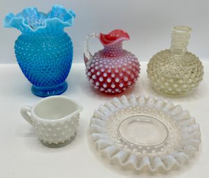 Vintage Colored Hobnail Glass Vases, Pitcher & Plate (5 Pieces)