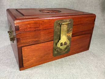 Wonderful Vintage Rosewood Chinese Jewelry Box With Red Silky Lining And Solid Brass Hardware - Very Pretty !