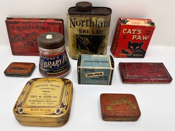 9 Antique Branded Items: Fuses, Stamp Pads, Glue, Rubber Heels, Record Player Needles & More