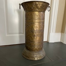 An Antique Dutch Brass Umbrella Stand - With Embossed Traditional Dutch Scene