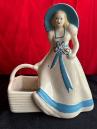 Vintage Blue Girl With Basket Planter Porcelain 9' 1950s