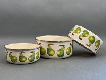 A Set Of Small Mixing Bowls With A Pear Motif, Enamel On Steel
