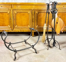 A Set Of High Quality Wrought Iron Fireplace Tools And A Log Holder - Just In Time For Fire Season!