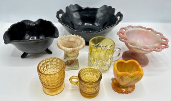 Vintage Colored Glass Bowls & Cups: Black, Amber & More (8 Pieces)