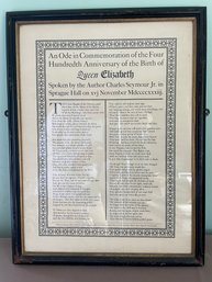 An Antique Framed Yale Publication Regarding Queen Elizabeth, Printed By Master Printer  Carl Purington Roll