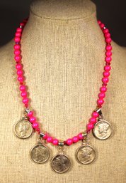 Pink Beaded Necklace Having Sterling Silver Clasp & Mercury Dime Coins