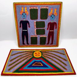 2 Vintage 1970s Huichol Yarn Paintings On Wooden Boards, Purchased In Mexico
