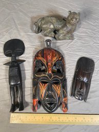 Home Decor Sculptures: Jambo Kenya J. Mutuku, MMA 1987 Resin Tiger Cat, Wood Carved Mask And Statue