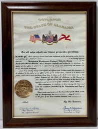 Vintage Framed Certificate - Honorary Aide De Camp Alabama State Militia Signed By Gov George Wallace -