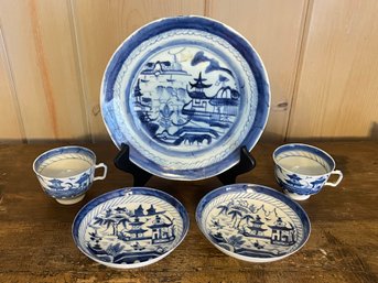 Chinese Canton Ware In Blue & White- Five Pieces With 9' Plate, Two Cups & Saucers