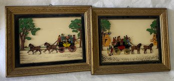 Two Reverse Painted On Glass Stage Coach And Horses