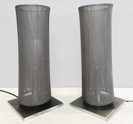 A Pair Of Post Modern Welded Steel And Mesh Table Torchieres By Automatic, Inc.