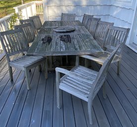 A Weathered GLOSTER Teak Wood Outdoor Dining Table 10 Chairs Plus Umbrella Stand