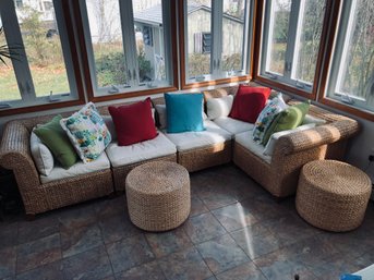 Handwoven Water Hyacinth Patio Sectional With Pair Of Ottomans