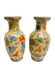 Two Large Asian Ceramic Vases With Butterflies And Flowers