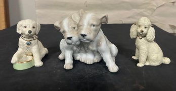 Lenox Handcrafted Puppies One Puppy With Eating Bowl, 2 Vintage Ceramic Terrier Dogs Puppies Figurine. LP/D3