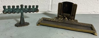 Vintage Brass Miniature Menorah And Note Holder