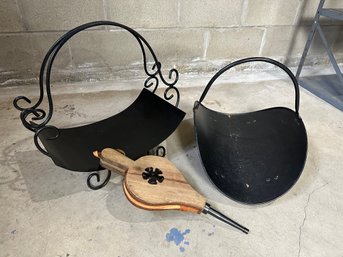 Fireplace Log Holder And Bellows Lot