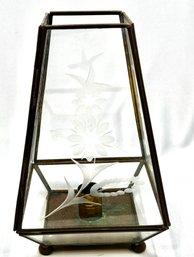 Vintage Hummingbird Etched Glass And Brass Hurricane Candle Holder