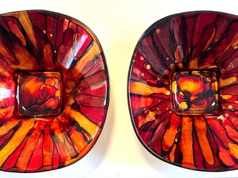 PAIR Deep Red & Gold Art Glass Bowls