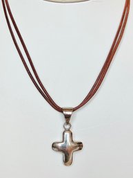 SIGNED SILPADA STERLING SILVER CROSS LEATHER NECKLACE